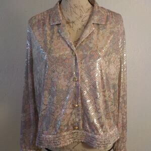 VTG 80s Lori of California Shiny Pink Silver Floral Blouse Shirt ButtonUp Size L
